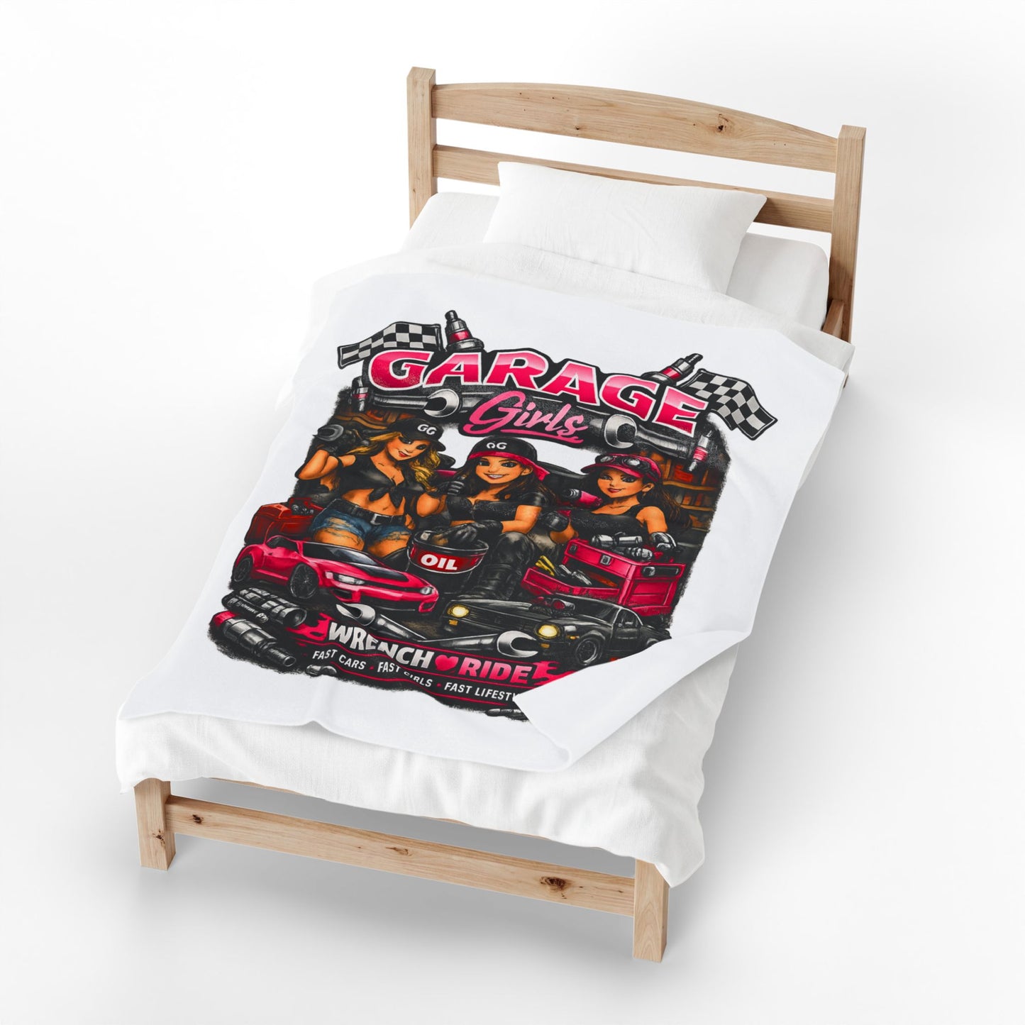 Garage Girls™ Velveteen Plush Blanket — Wrench & Ride Edition
