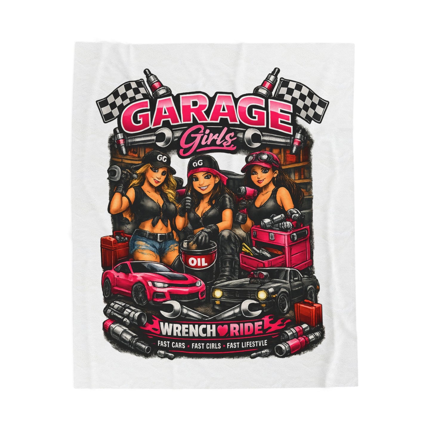 Garage Girls™ Velveteen Plush Blanket — Wrench & Ride Edition